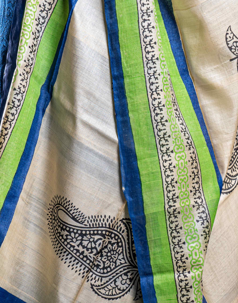 Beige Tussar Dupatta With Blue Green Border