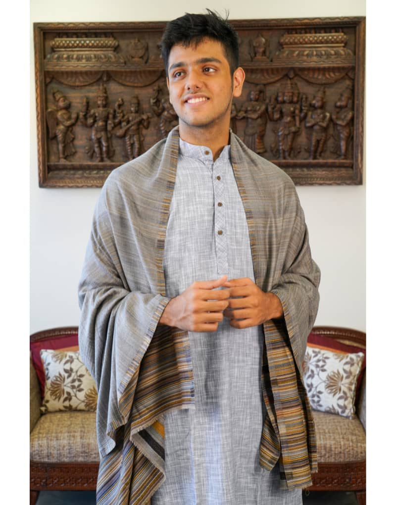 Grey colour Men shawls with blue, mustard and white stipes