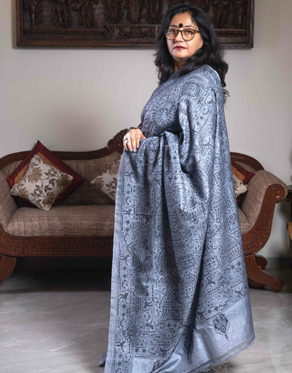 Grey Tussar Saree With Kantha Work