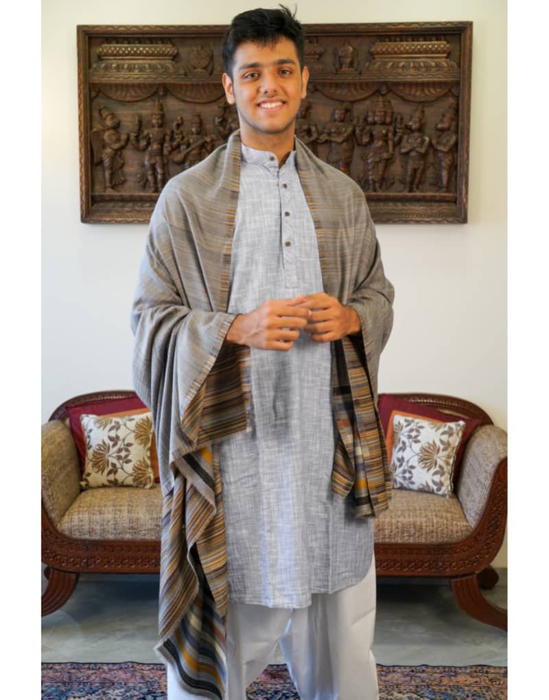 Grey colour Men shawls with blue, mustard and white stipes