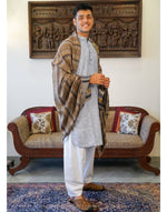 Load image into Gallery viewer, Grey colour Men shawls with blue, mustard and white stipes
