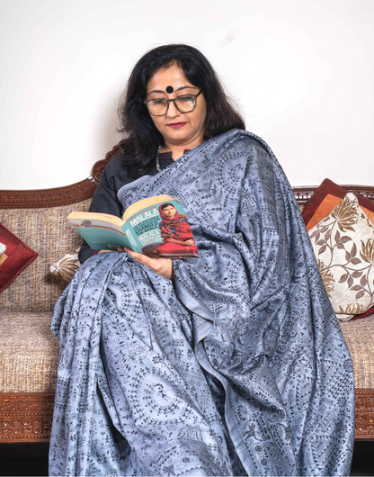 Grey Tussar Saree With Kantha Work