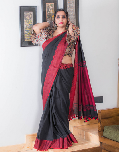 Black & Red Cotton Tassels Saree