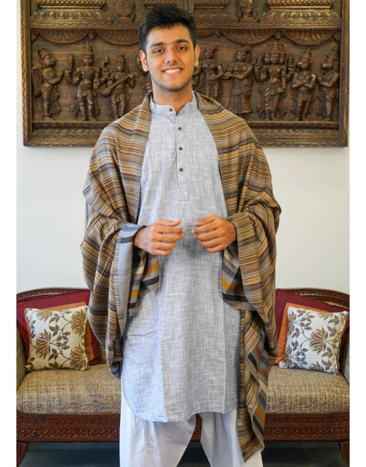 Grey colour Men shawls with blue, mustard and white stipes