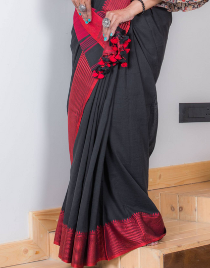 Black & Red Cotton Tassels Saree