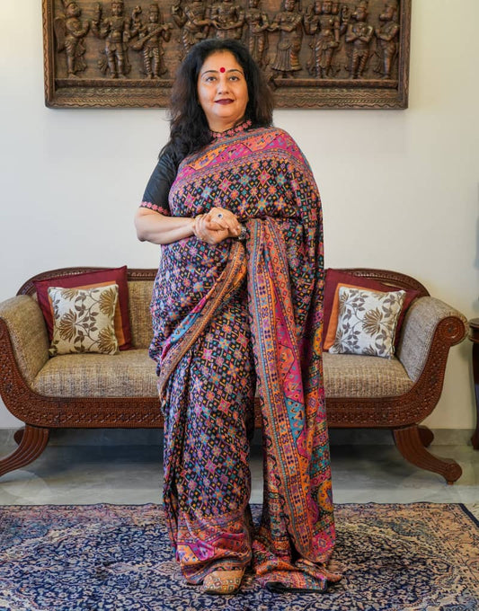 Black and Pink Pashmina silk Saree with Patola pattern