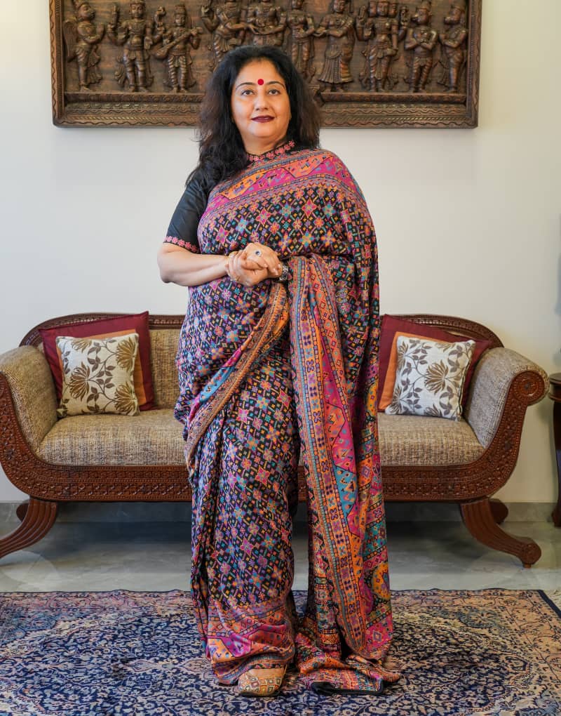 Black and Pink Pashmina silk Saree with Patola pattern