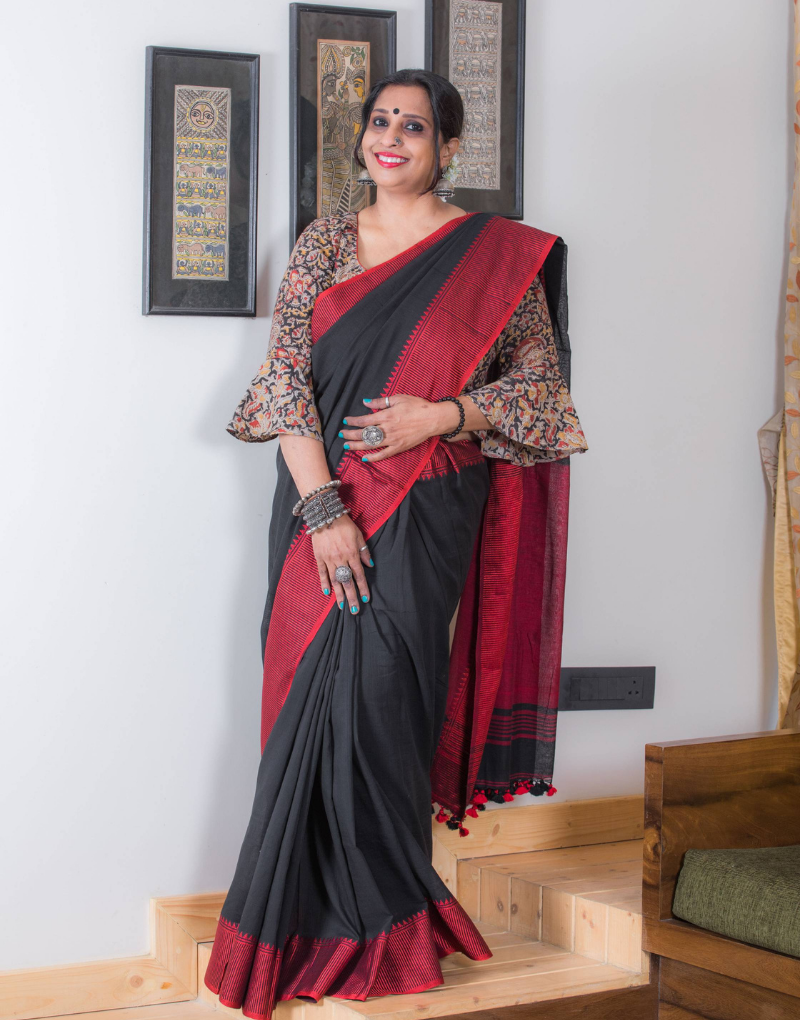 Black & Red Cotton Tassels Saree