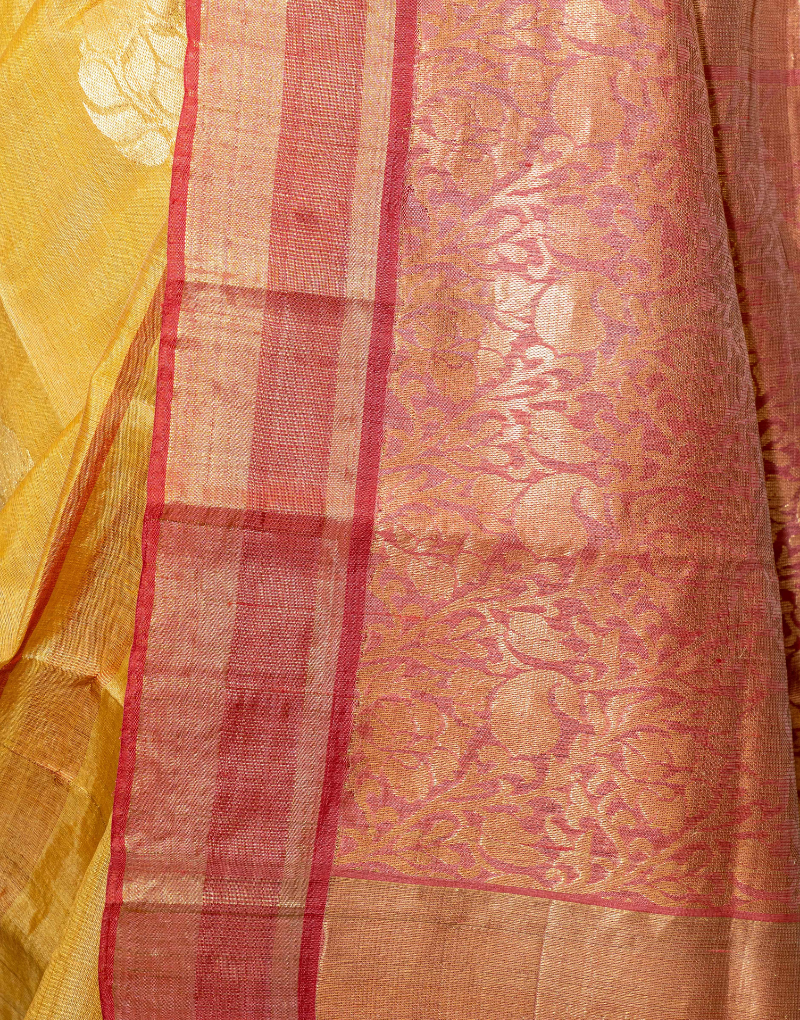 Red & Yellow Tussar Saree with subtle Zari Buttis