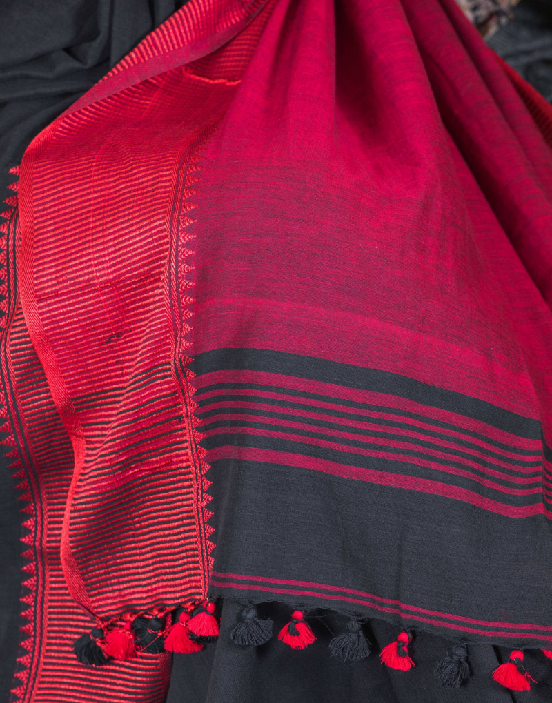 Black & Red Cotton Tassels Saree