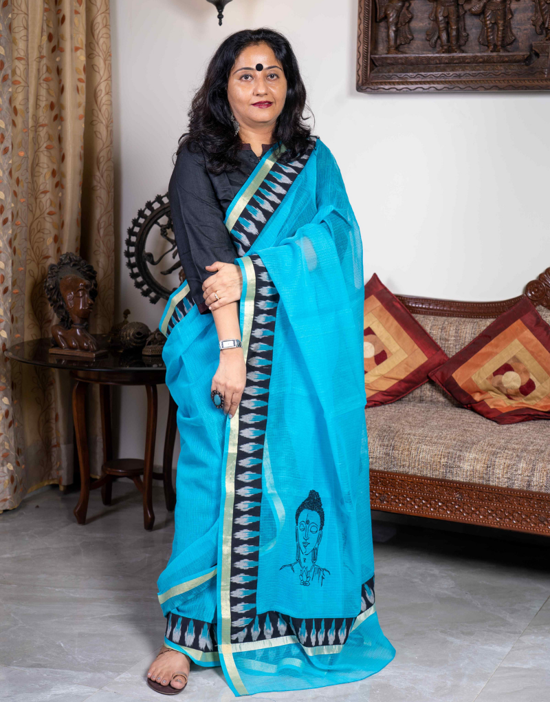 Blue Cotton Saree in Buddha Embroidery