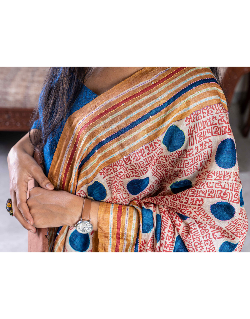 Tussar Red & Blue with sequence mantra Dupatta