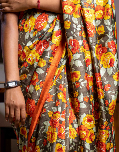 Pure Silk Floral Printed Orange & Yellow Saree