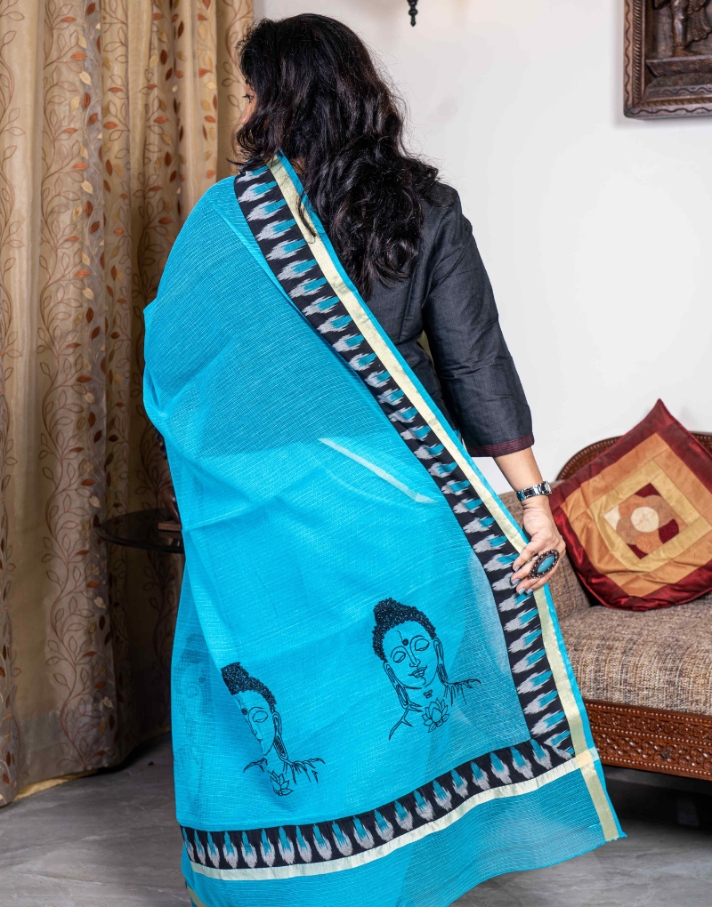 Blue Cotton Saree in Buddha Embroidery