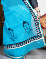 Load image into Gallery viewer, Blue Cotton Saree in Buddha Embroidery
