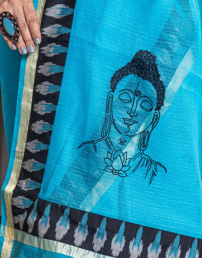 Blue Cotton Saree in Buddha Embroidery