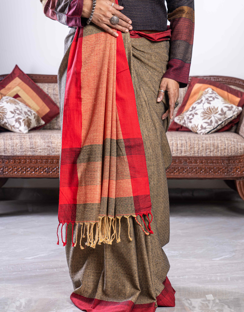 Brown & Red Moonga Cotton Silk Saree