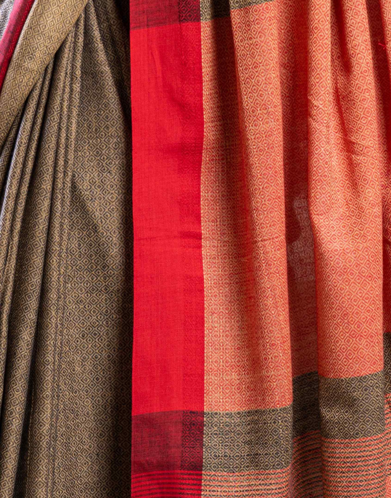Brown & Red Moonga Cotton Silk Saree