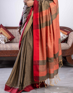 Load image into Gallery viewer, Brown &amp; Red Moonga Cotton Silk Saree
