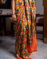 Load image into Gallery viewer, Pure Silk Floral Printed Orange &amp; Yellow Saree
