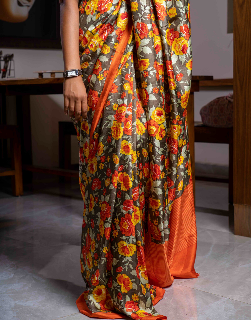 Pure Silk Floral Printed Orange & Yellow Saree