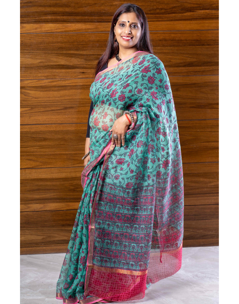 Green and Pink Cotton Kota Doria Saree