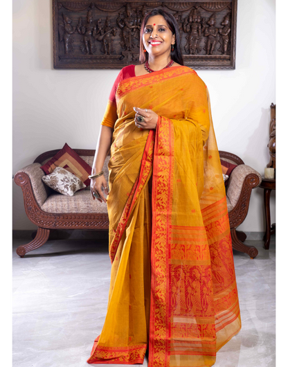 Mustard and Sindoori Red Baluchari Cotton Saree