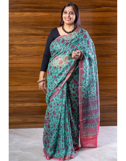 Green and Pink Cotton Kota Doria Saree