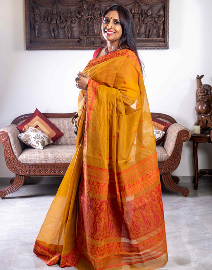 Mustard and Sindoori Red Baluchari Cotton Saree