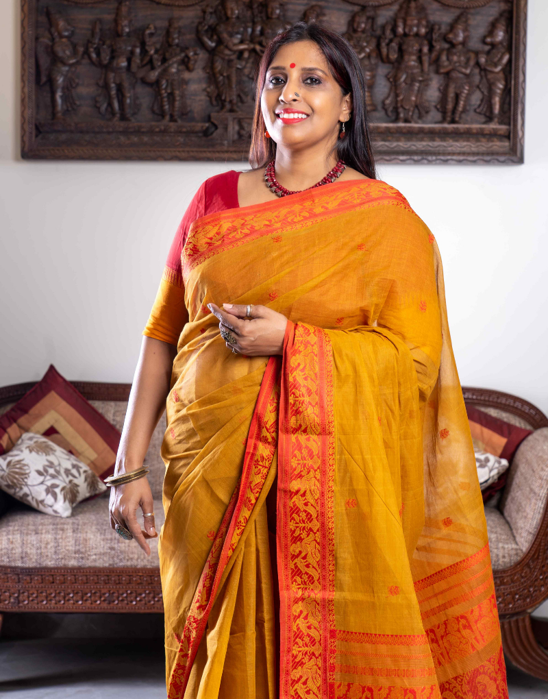 Mustard and Sindoori Red Baluchari Cotton Saree