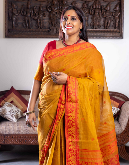 Mustard and Sindoori Red Baluchari Cotton Saree