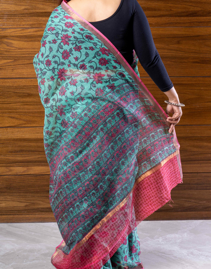 Green and Pink Cotton Kota Doria Saree