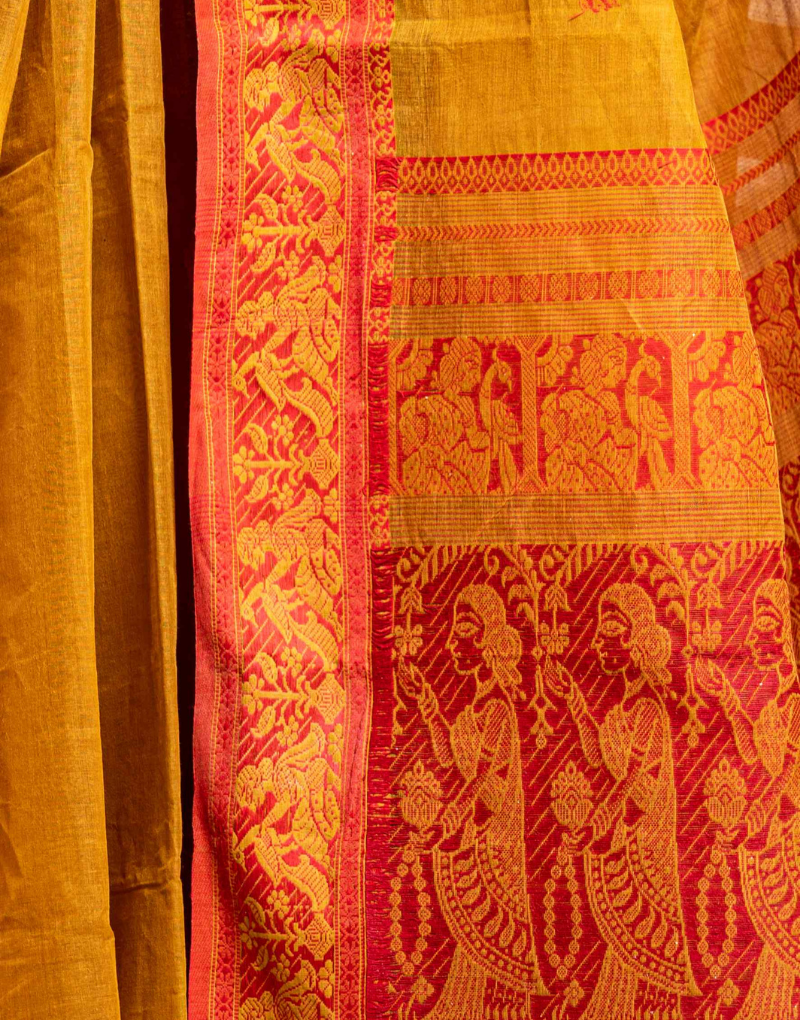 Mustard and Sindoori Red Baluchari Cotton Saree