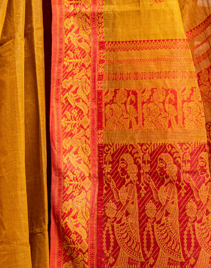 Mustard and Sindoori Red Baluchari Cotton Saree