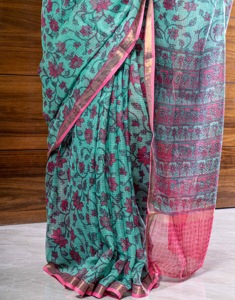 Green and Pink Cotton Kota Doria Saree