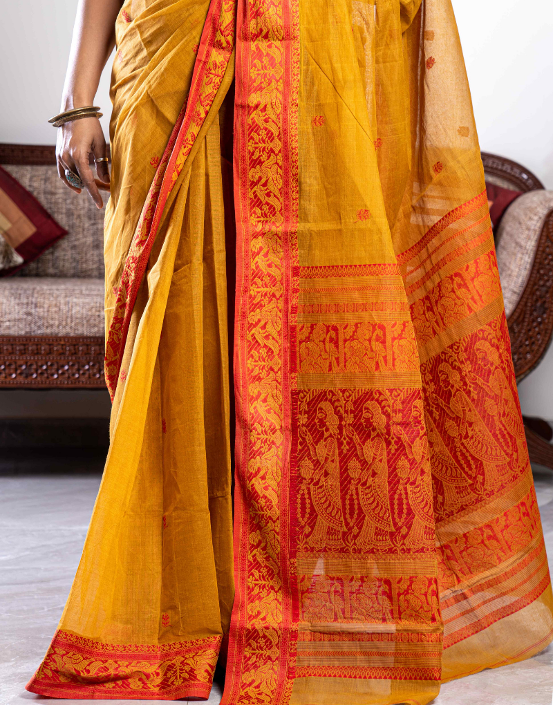 Mustard and Sindoori Red Baluchari Cotton Saree