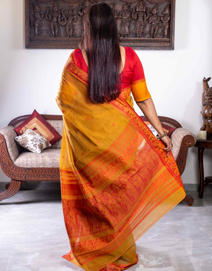 Mustard and Sindoori Red Baluchari Cotton Saree