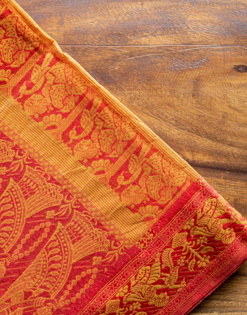 Mustard and Sindoori Red Baluchari Cotton Saree