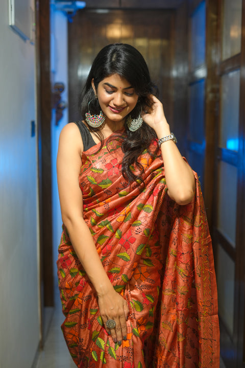 Brick Red Tussar Saree