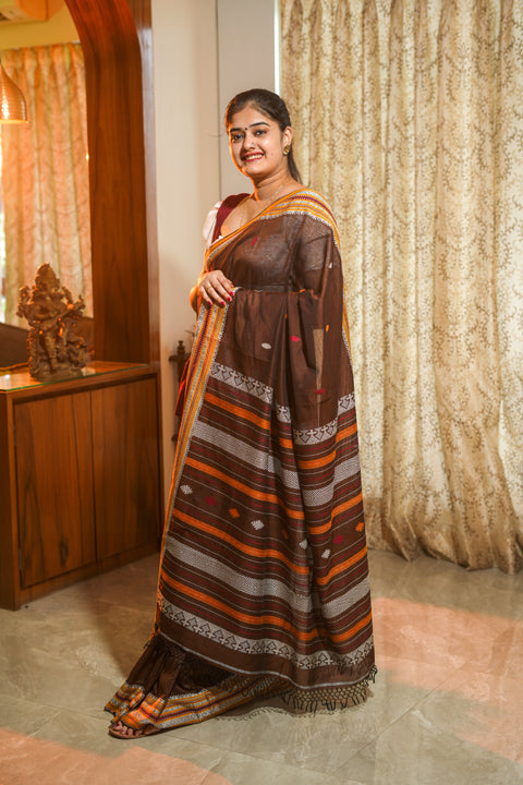 Brown Handwoven Cotton Saree