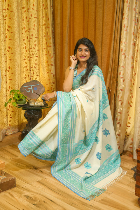 Creme and Blue Cotton Saree