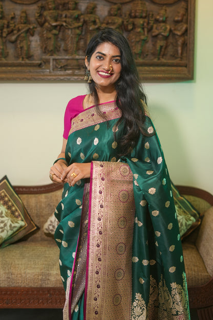 Bottle Green Banarasi Brocade Saree