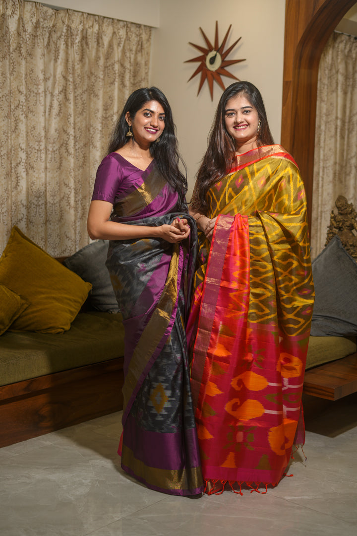 deep grey Ikkat silk Saree