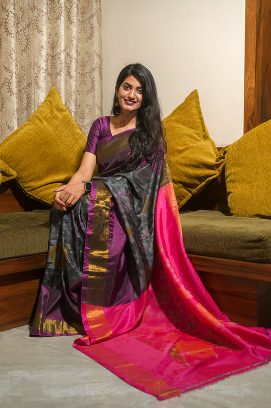 deep grey Ikkat silk Saree