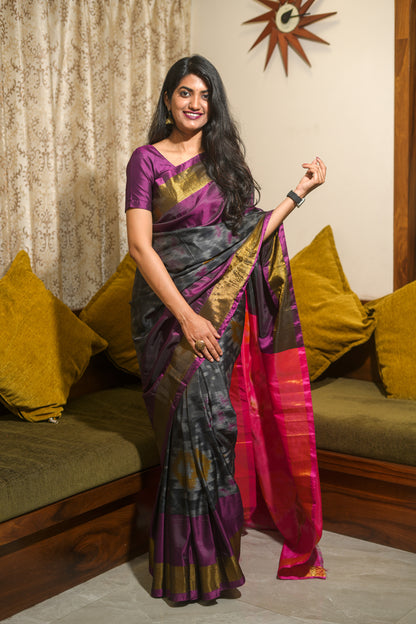 deep grey Ikkat silk Saree