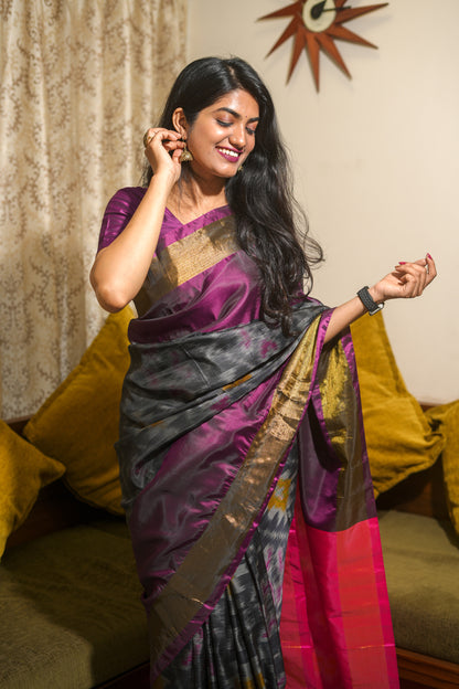 deep grey Ikkat silk Saree