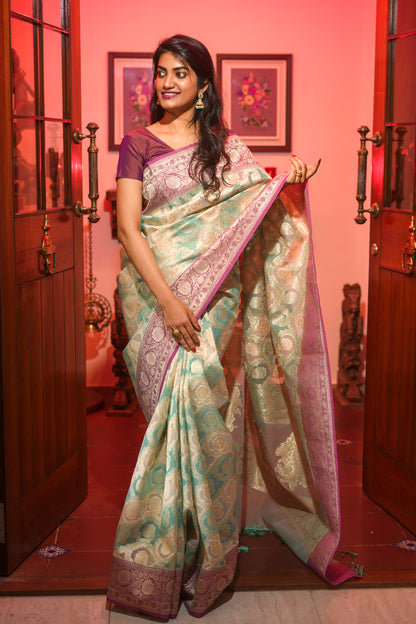 Cyan organza tissue saree