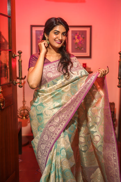 Cyan organza tissue saree