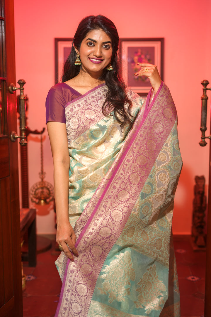 Cyan organza tissue saree