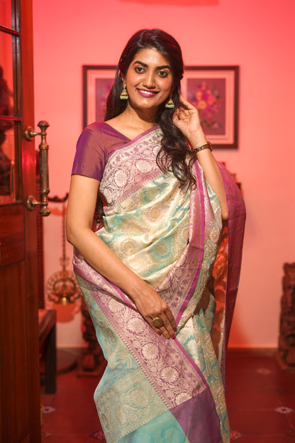 Cyan organza tissue saree